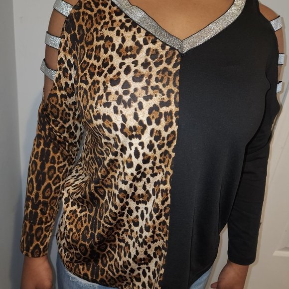 OC Order Plus Large open shoulder black & cheetah print Shirt Blouse NWT - Picture 4 of 14